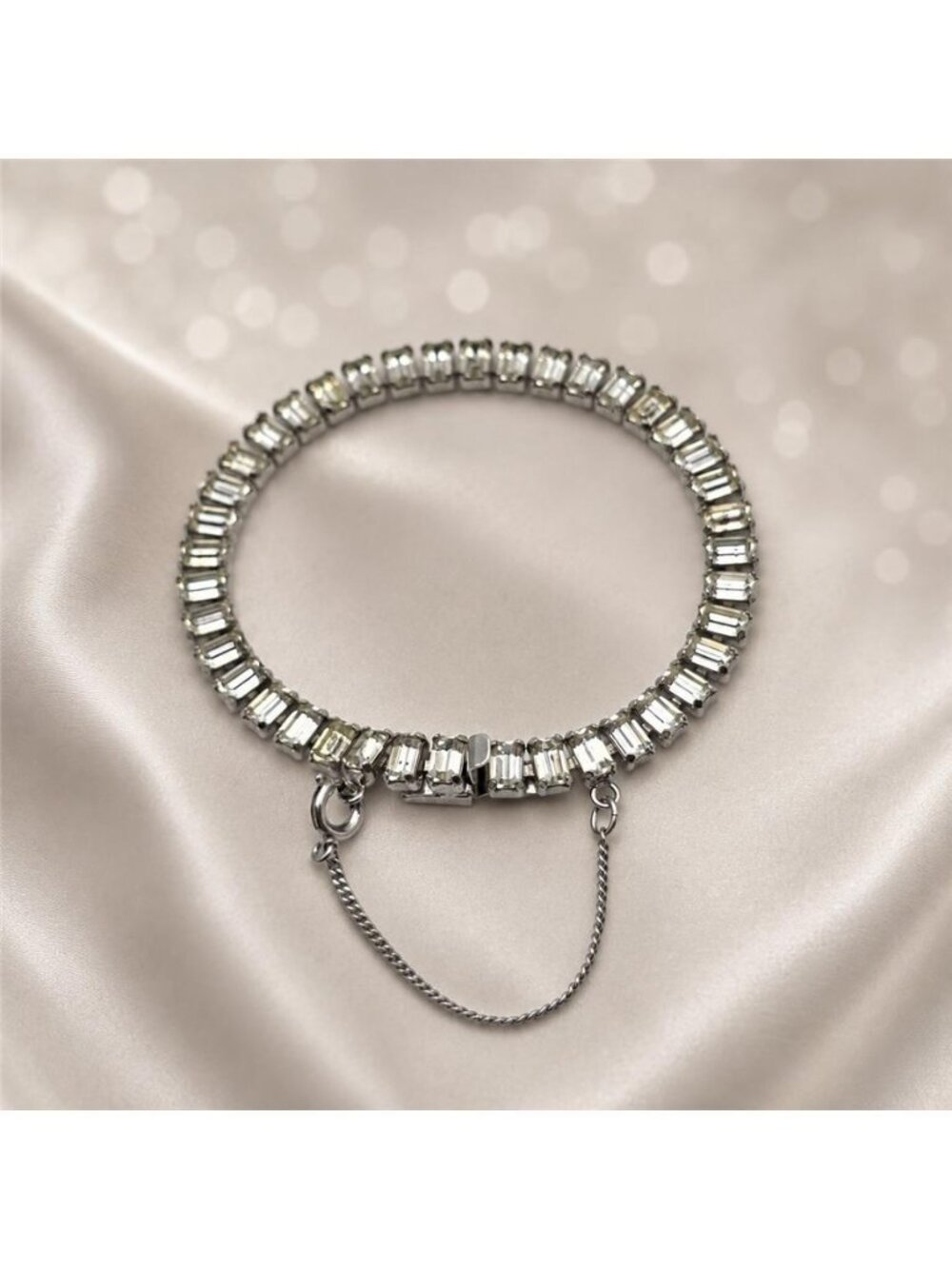 B. David Clear Baguette Rhinestone Tennis Bracelet Silver Tone 6.5in Vintage